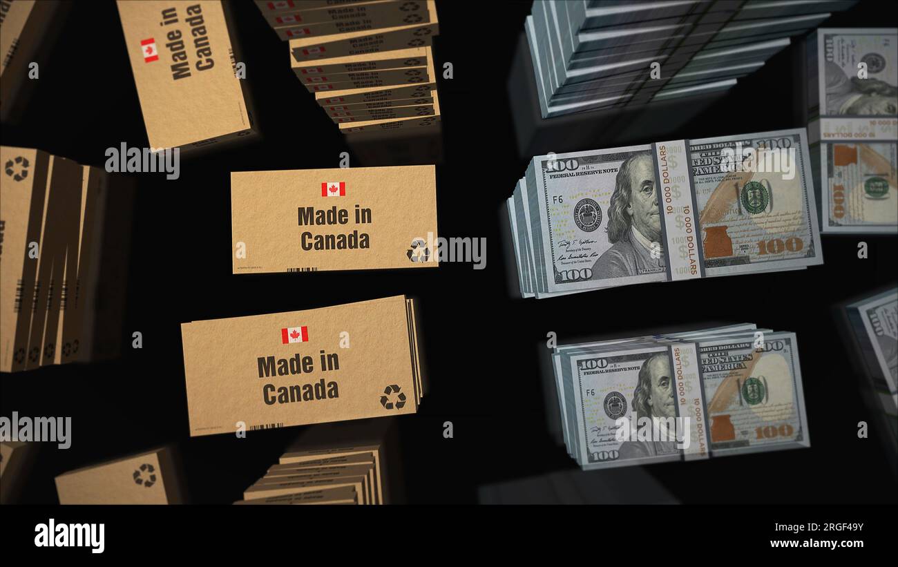 Made in Canada box line with US Dollar money bundle stacks. Export, trade, delivery, production, shipping, business and import. Abstract concept 3d il Stock Photo