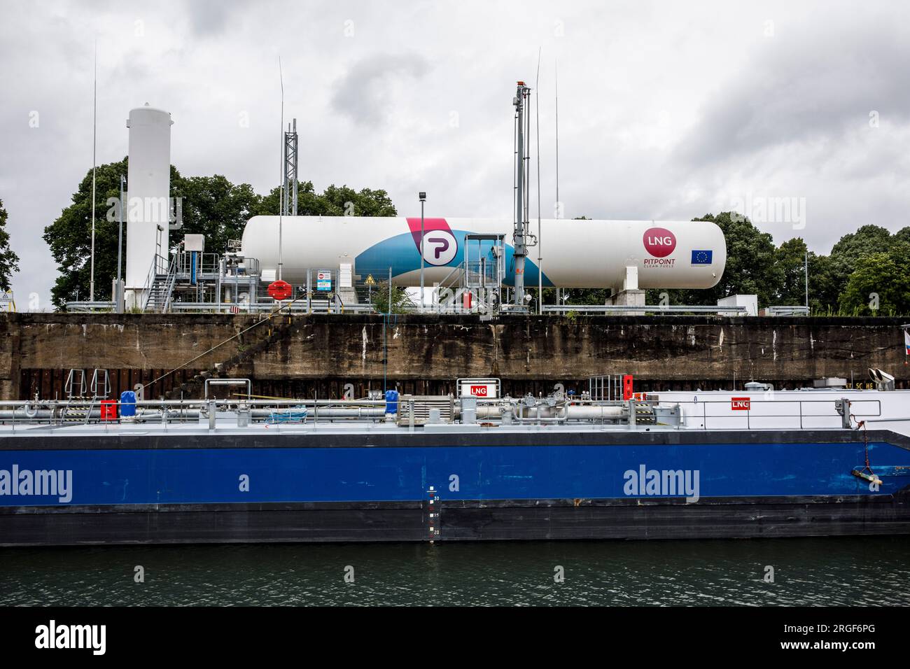 liquid cargo ship Blue Marleen at the shore-to-ship bunkering station for liquefied natural gas (LNG) in the Rhine harbour in the town district Niehl, Stock Photo
