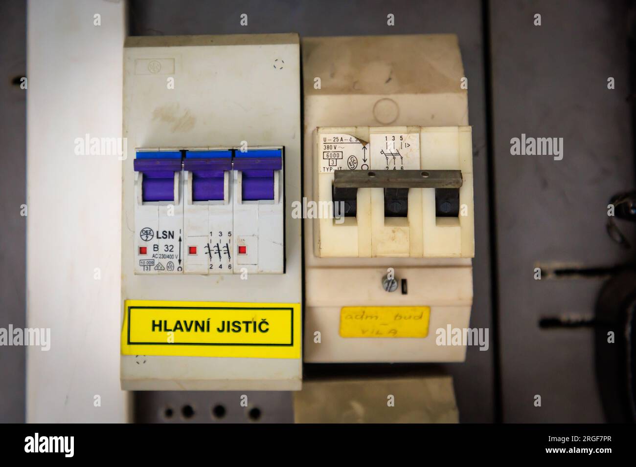 Electrical switchboard with circuit breakers. (CTK Photo/Petr Sznapka) Stock Photo