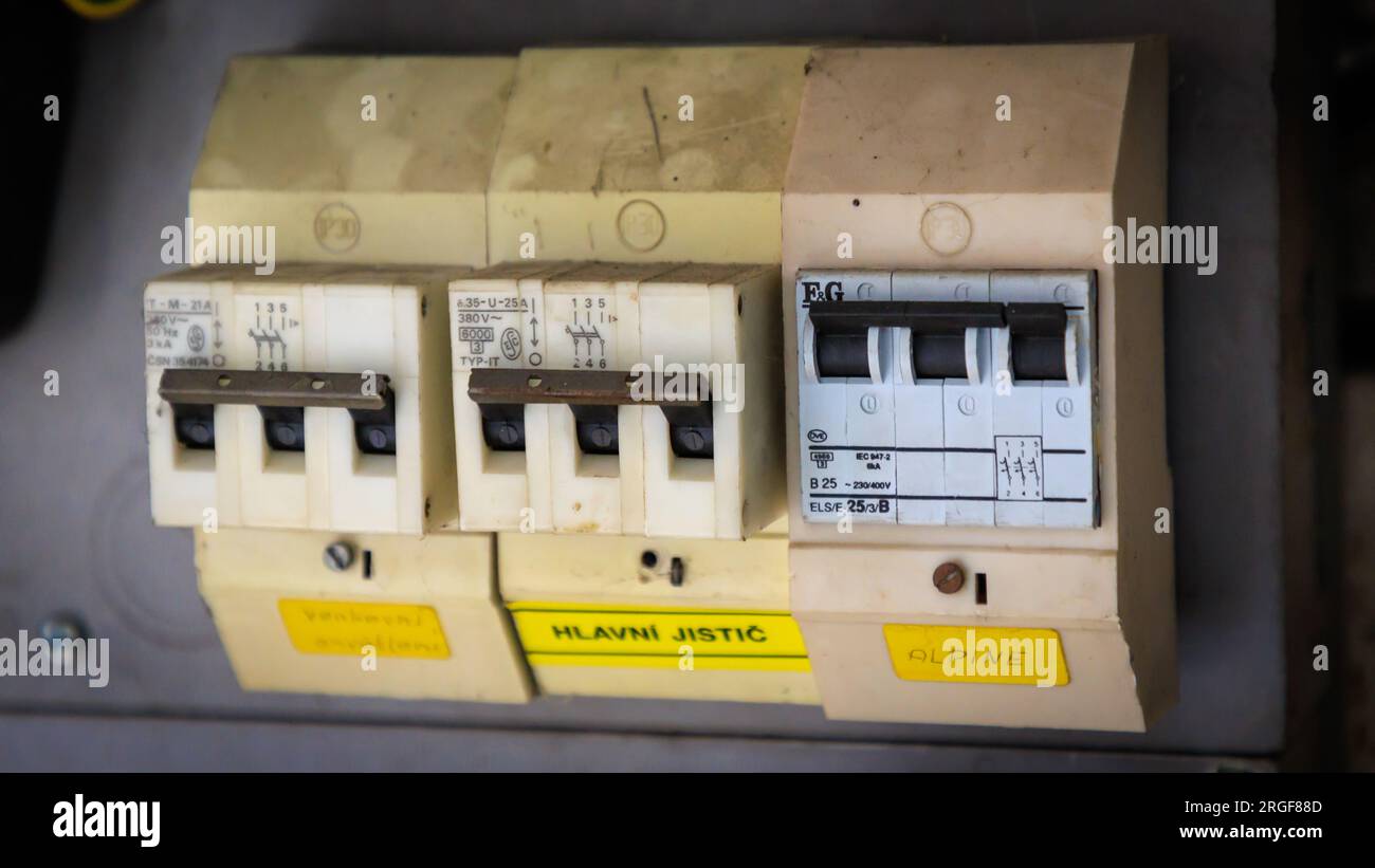 Electrical switchboard with circuit breakers. (CTK Photo/Petr Sznapka) Stock Photo