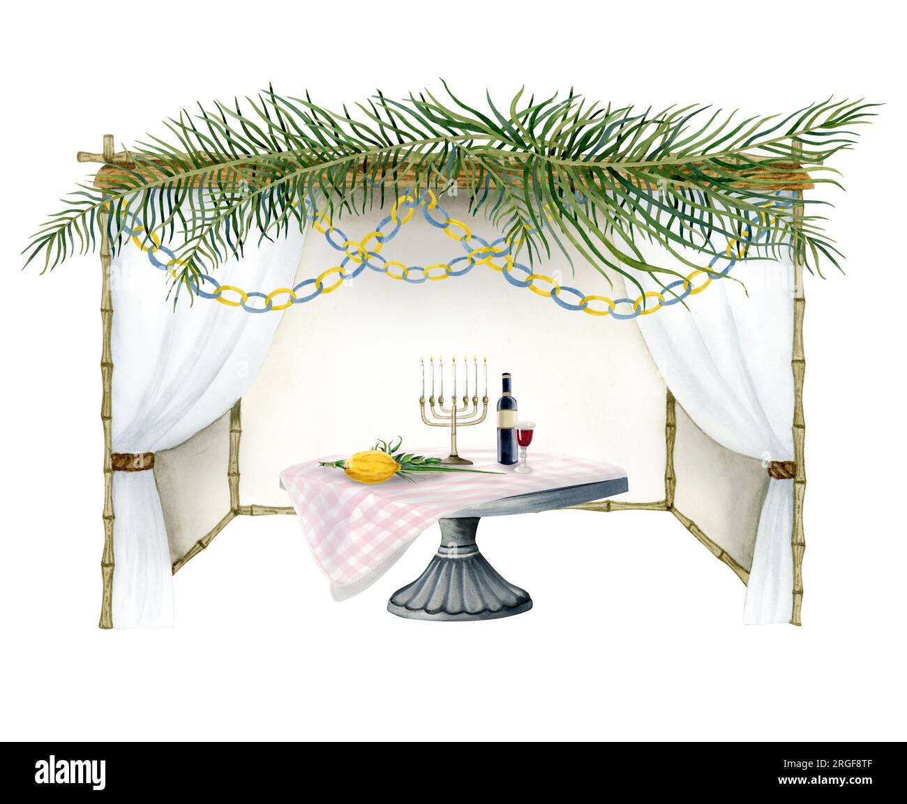 Sukkah with palm leaves, paper decorations and Jewish Sukkot symbols ...