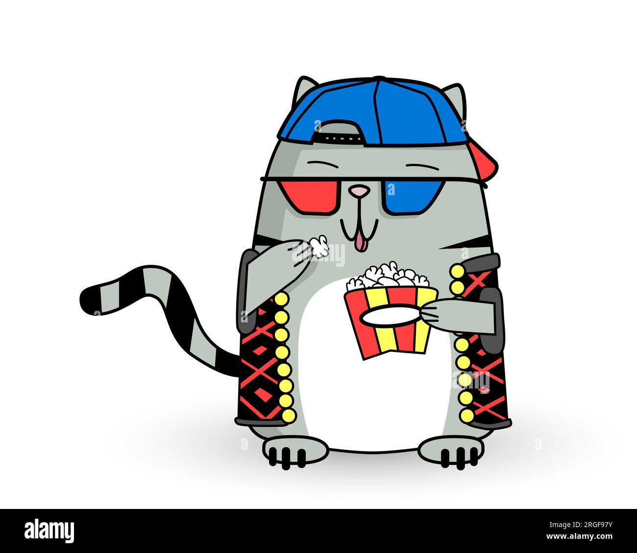 Cool cartoon gray cat mascot eat pop corn in cap, colorful vest, 3D glasses. Cute, funny striped pet character. Vector flat style illustration Stock Vector