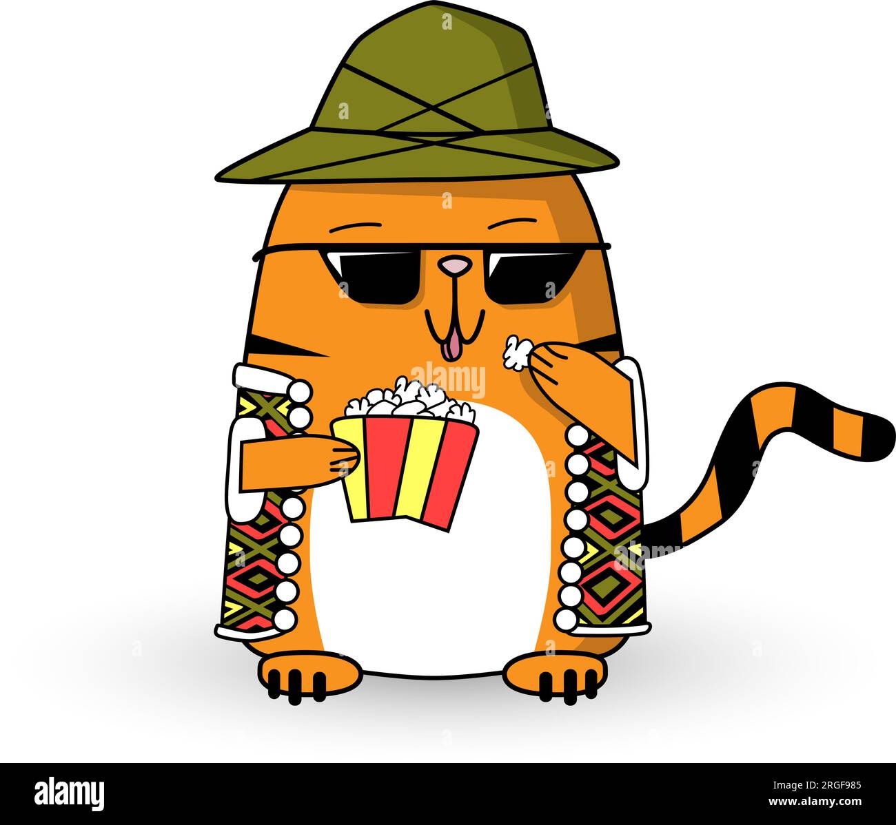 Cool cartoon red cat mascot eat pop corn in hat, colorful vest, sunglasses. Cute, funny striped pet character. Vector flat style illustration Stock Vector