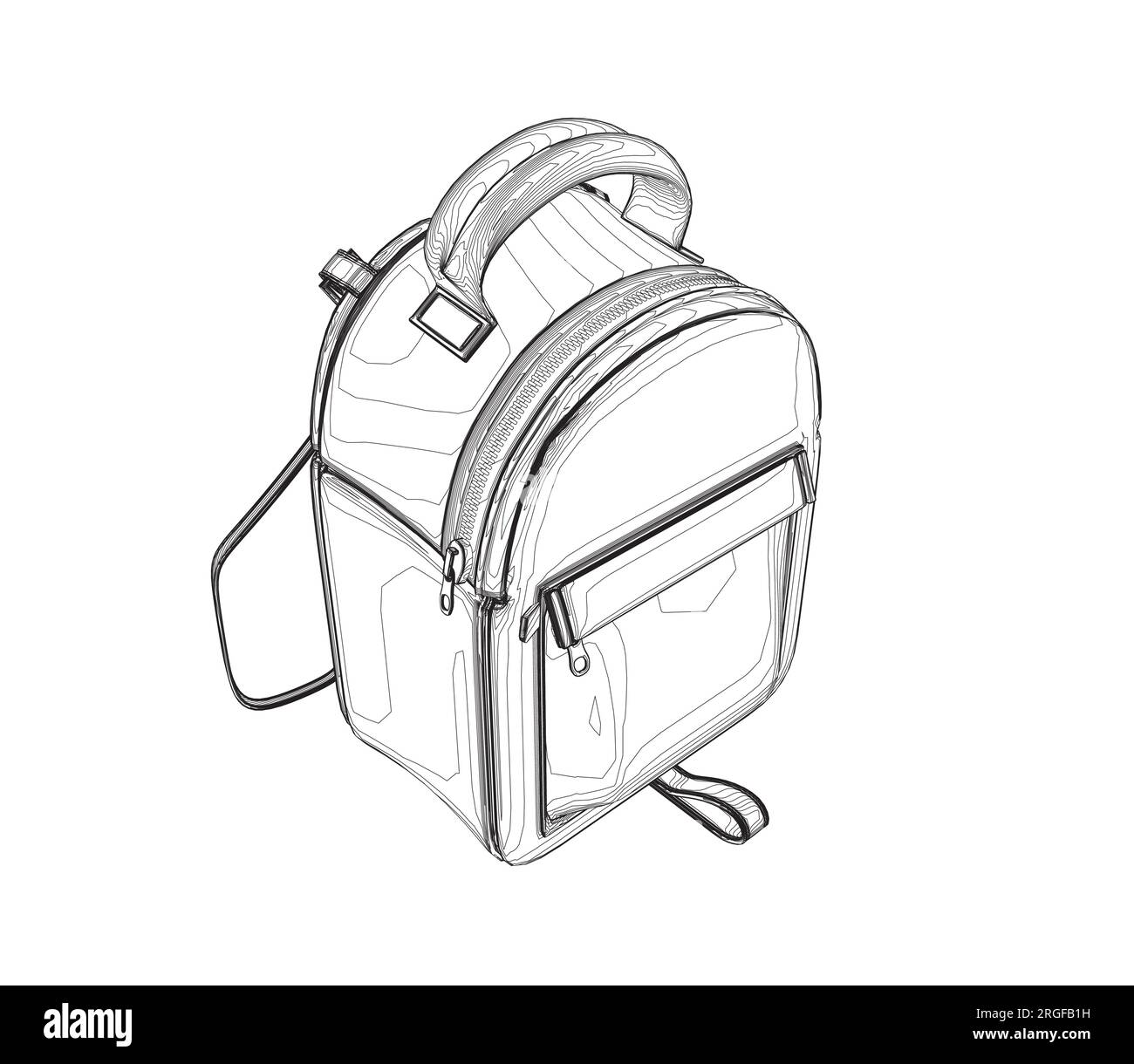 Outline of School backpack. Black and white rucksack. Front view travel