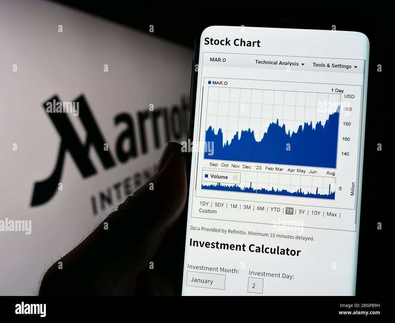 Person holding cellphone with webpage of US hotel company Marriott International Inc. on screen with logo. Focus on center of phone display. Stock Photo