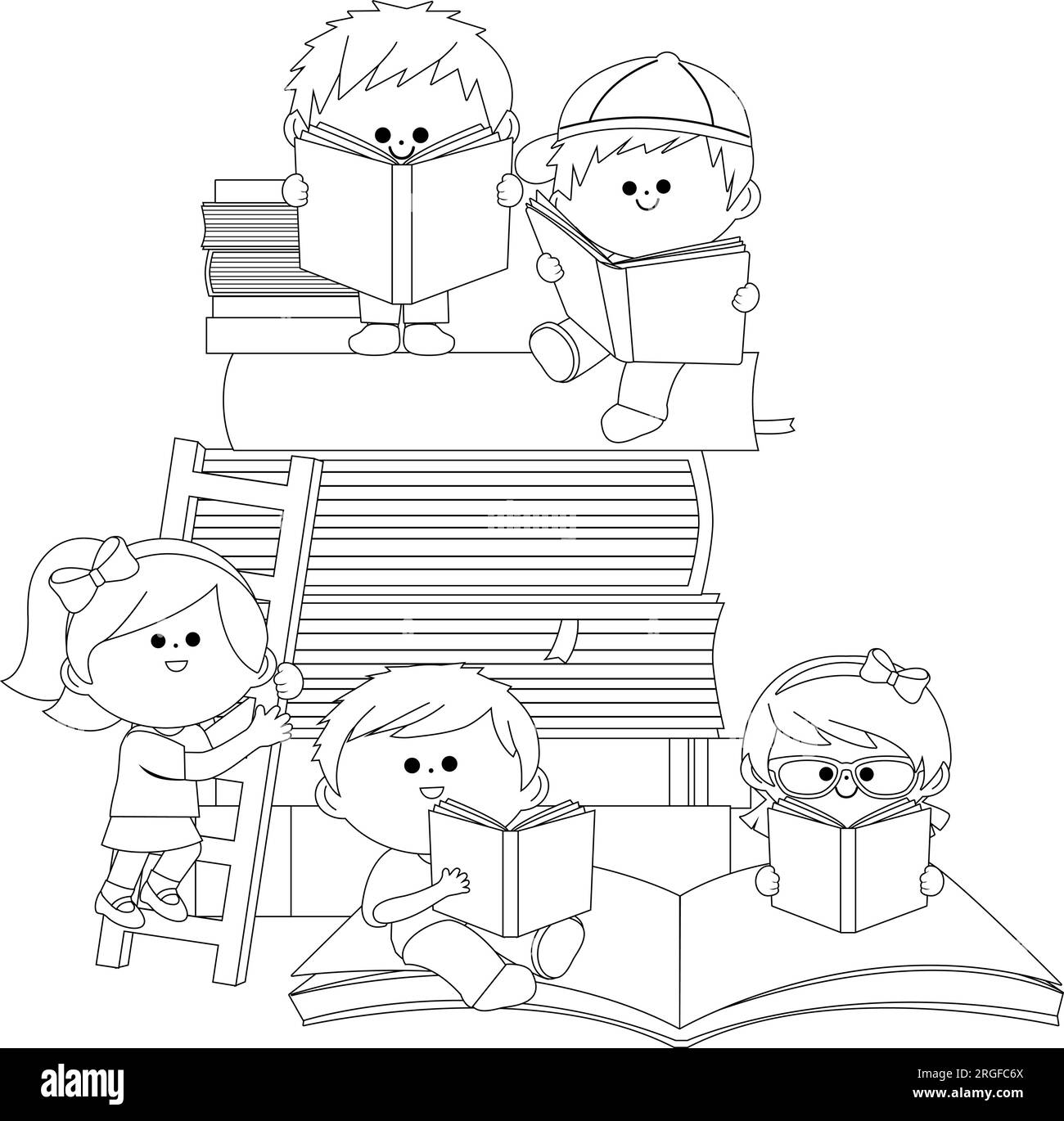 Children reading books. Vector black and white coloring page. Stock Vector