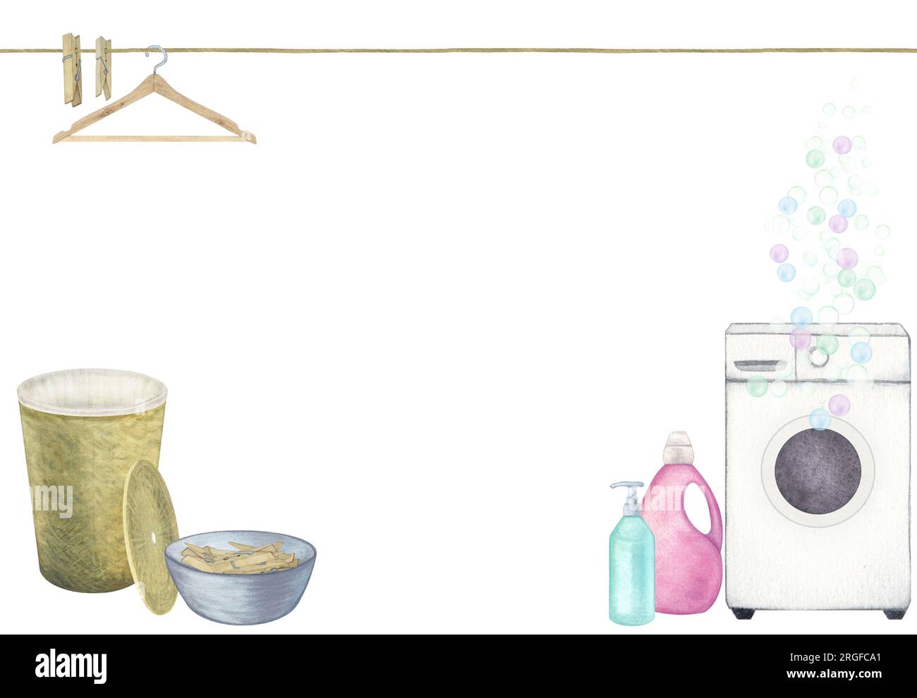 Laundry. Composition with washing machine, basket, basin, washing gel, powder, soap, hanger and clothespins. Watercolor illustration on a white backgr Stock Photo