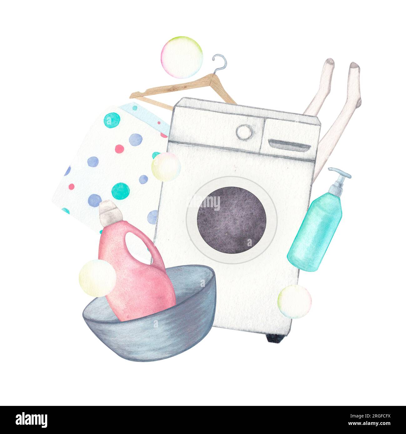 Laundry. Composition with washing machine, basin, washing gel, powder, soap, hanger and towel. Watercolor illustration on a white background. Hand-dra Stock Photo