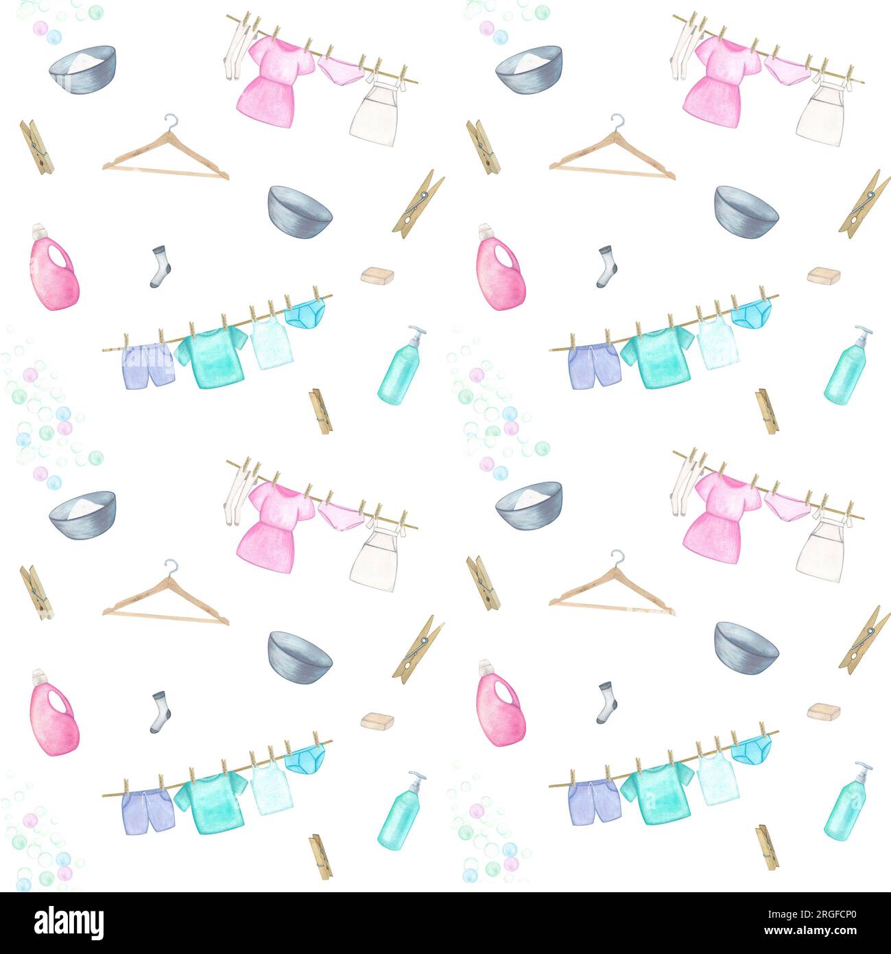 Laundry. Seamless pattern with basin, washing gel powder soap linen, clothes, hanger, clothespins, bubbles. Watercolor illustration on a white backgro Stock Photo