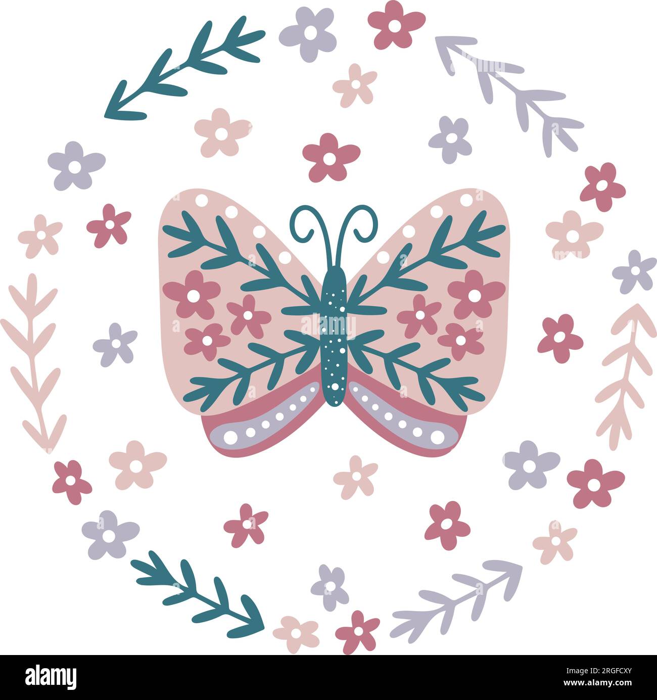 Butterfly flowers and herbs round composition. Botanical floral decor