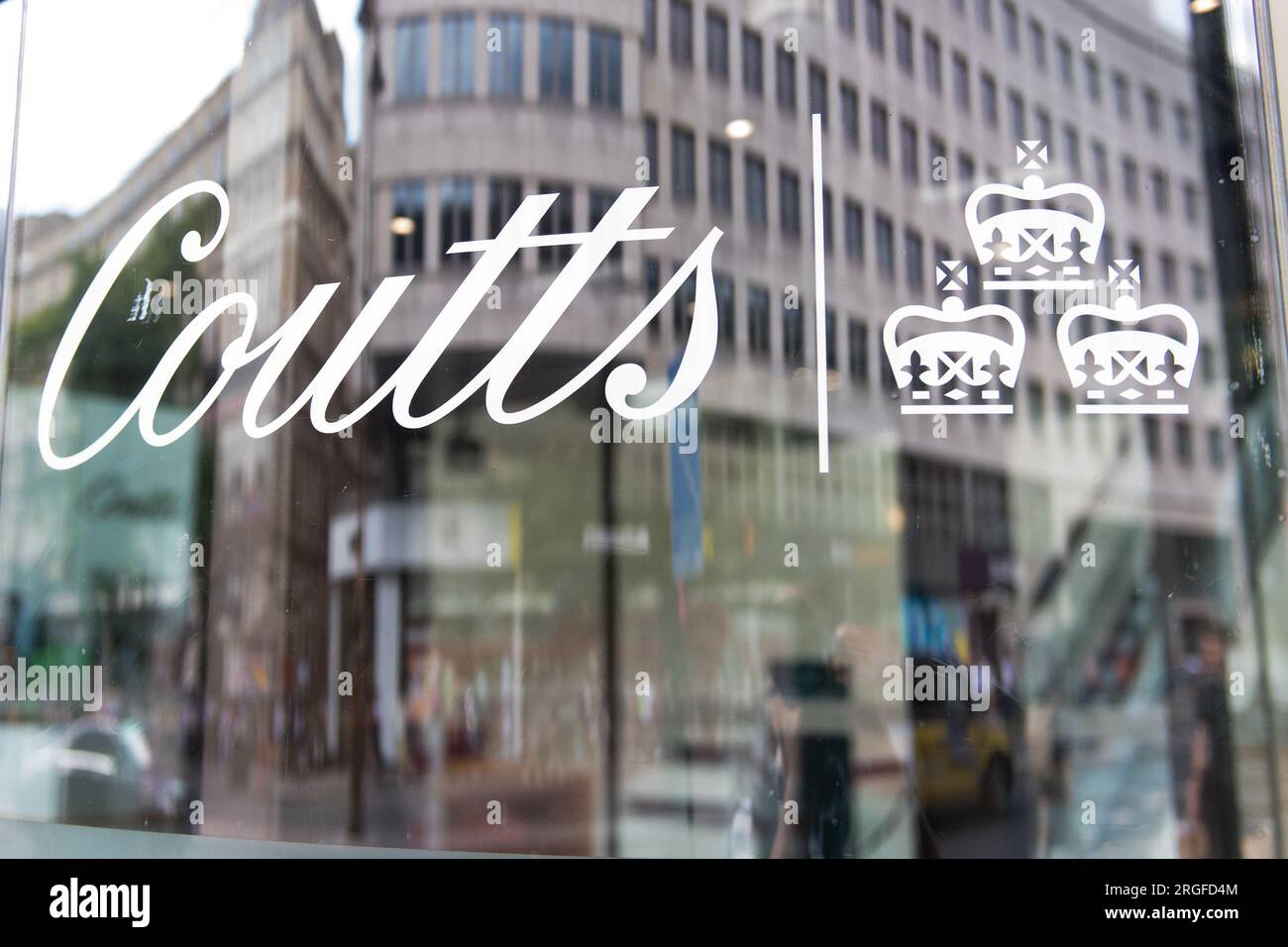 A general view of Coutts bank's sign at its London branch at The Strand in London, England, UK on Saturday 29 July, 2023.    The bank, which is part o Stock Photo