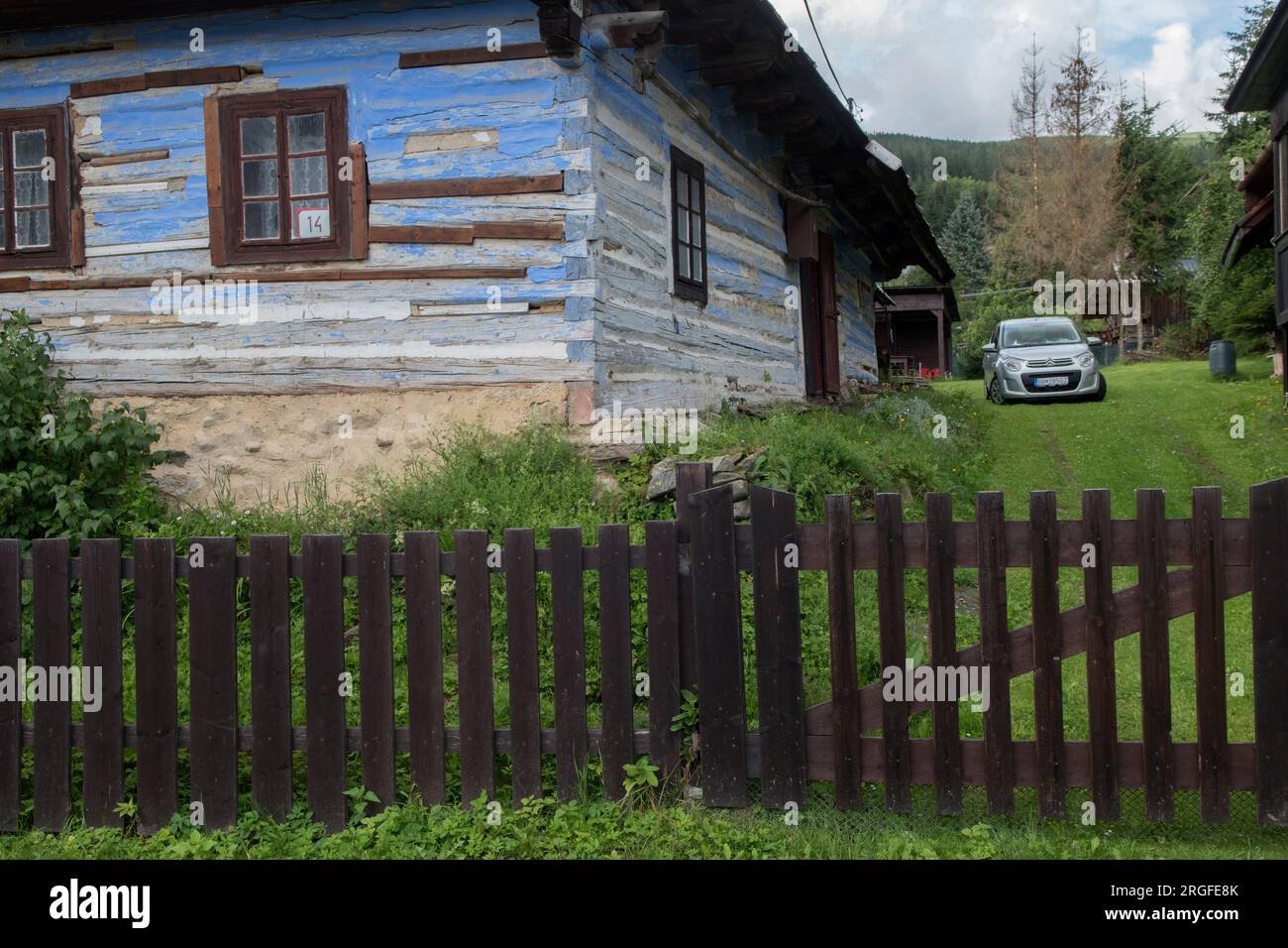 Wooden traditional home. Painted blue and white traditional colours.   Sumiac, Brezno District, Slovakia August 2023. 2020s HOMER SYKES Stock Photo