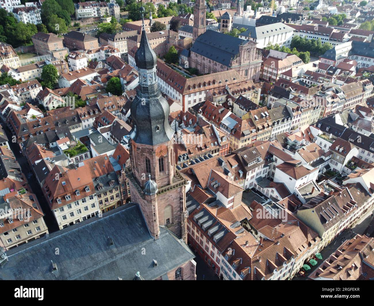 Aerial view of Heiliggeistkirche church and Heidelberg University campus in the old town, Heidelberg, Baden-Württemberg, Germany Stock Photo