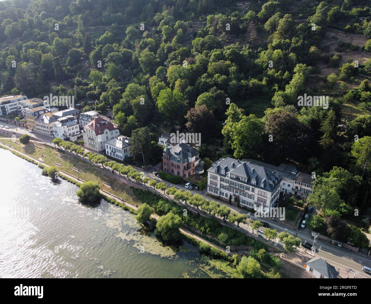 Aerial overhead photo of the villas by the Neckar river bank in Neuenheim, Heidelberg, Germany Stock Photo