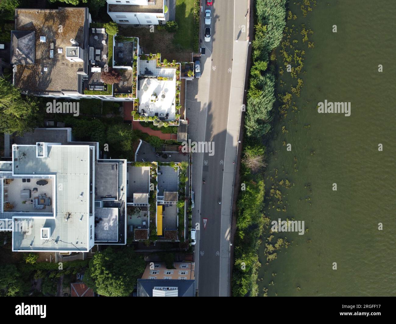 Aerial top down photo of the villas and road parallel with the river bank in Neuenheim, Heidelberg, Germany Stock Photo