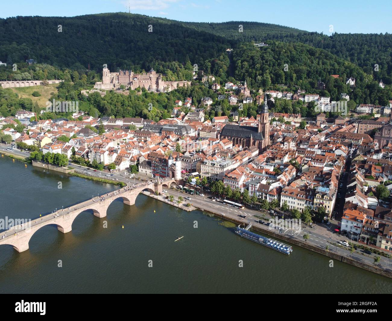 Aerial photograph of Heidelberg's old town, the Heiliggeistkirche church and old bridge, with the Castle in the background, Baden-Württemberg, Germany Stock Photo