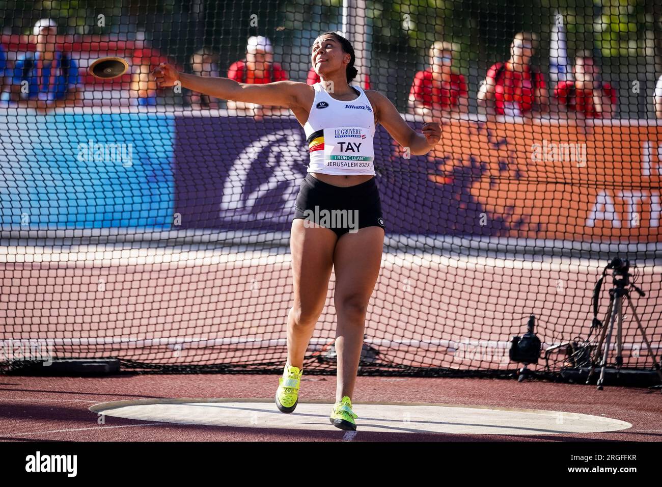 Jerusalem, Israel. 09th Aug, 2023. Belgian Sena Tay pictured in action during the Discus Throw Women Qualification in the Group A at the European Athletics U20 Championships, Wednesday 09 August 2023, in Jerusalem, Israel. The European championships take place from 07 to 10 August. BELGA PHOTO COEN SCHILDERMAN Credit: Belga News Agency/Alamy Live News Stock Photo