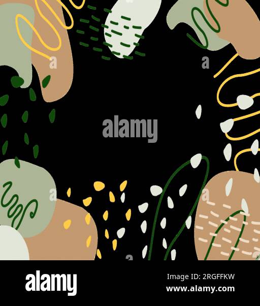 Hand-drawn various shapes and doodles on black. Modern contemporary trendy vector illustration. Pastel natural colors brown, green, yellow Stock Vector