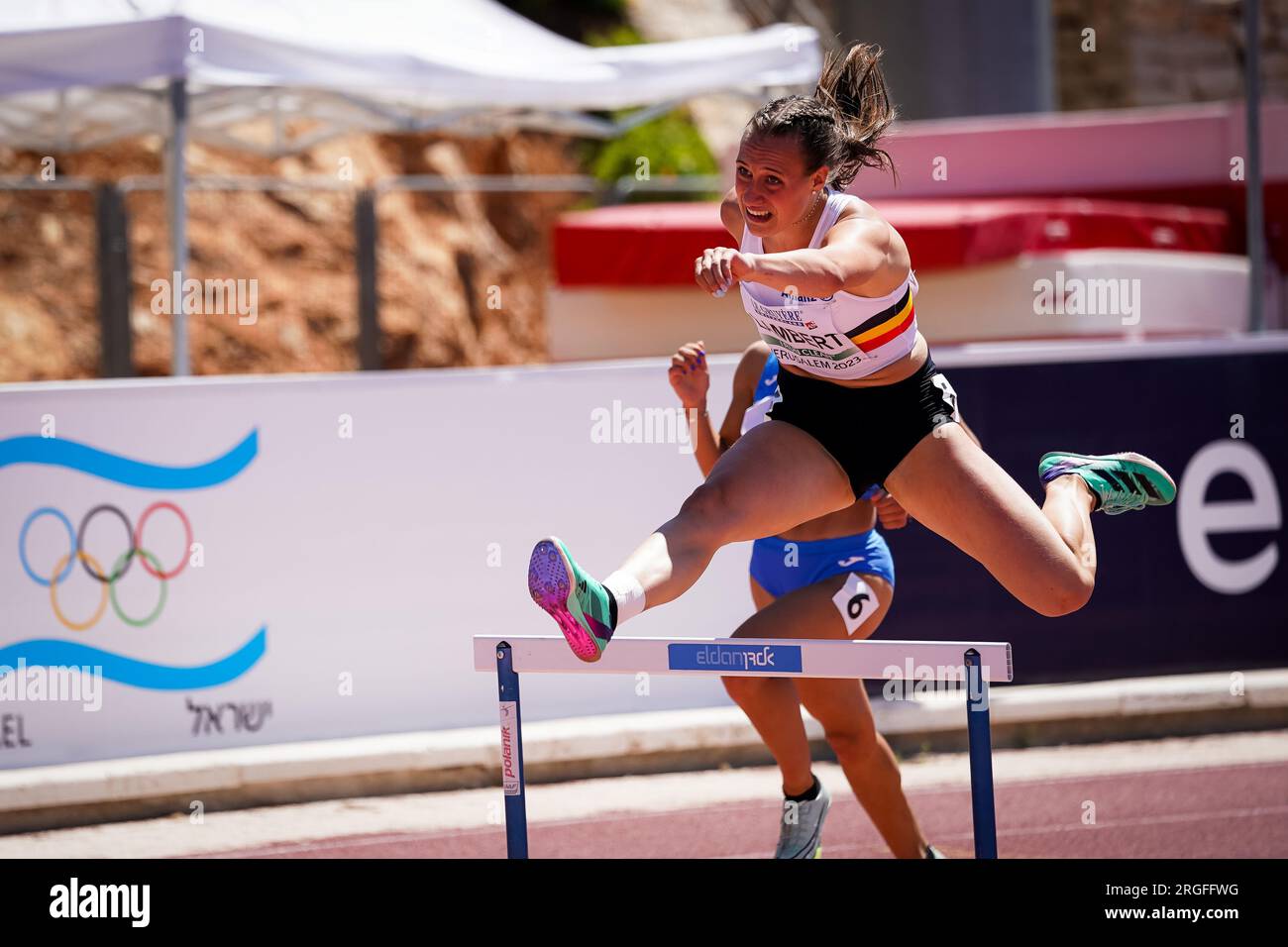 Jerusalem, Israel. 09th Aug, 2023. Belgian Zoe Laureys pictured in action during the 400m Hurdles Women Semi-Final at the European Athletics U20 Championships, Wednesday 09 August 2023, in Jerusalem, Israel. The European championships take place from 07 to 10 August. BELGA PHOTO COEN SCHILDERMAN Credit: Belga News Agency/Alamy Live News Stock Photo