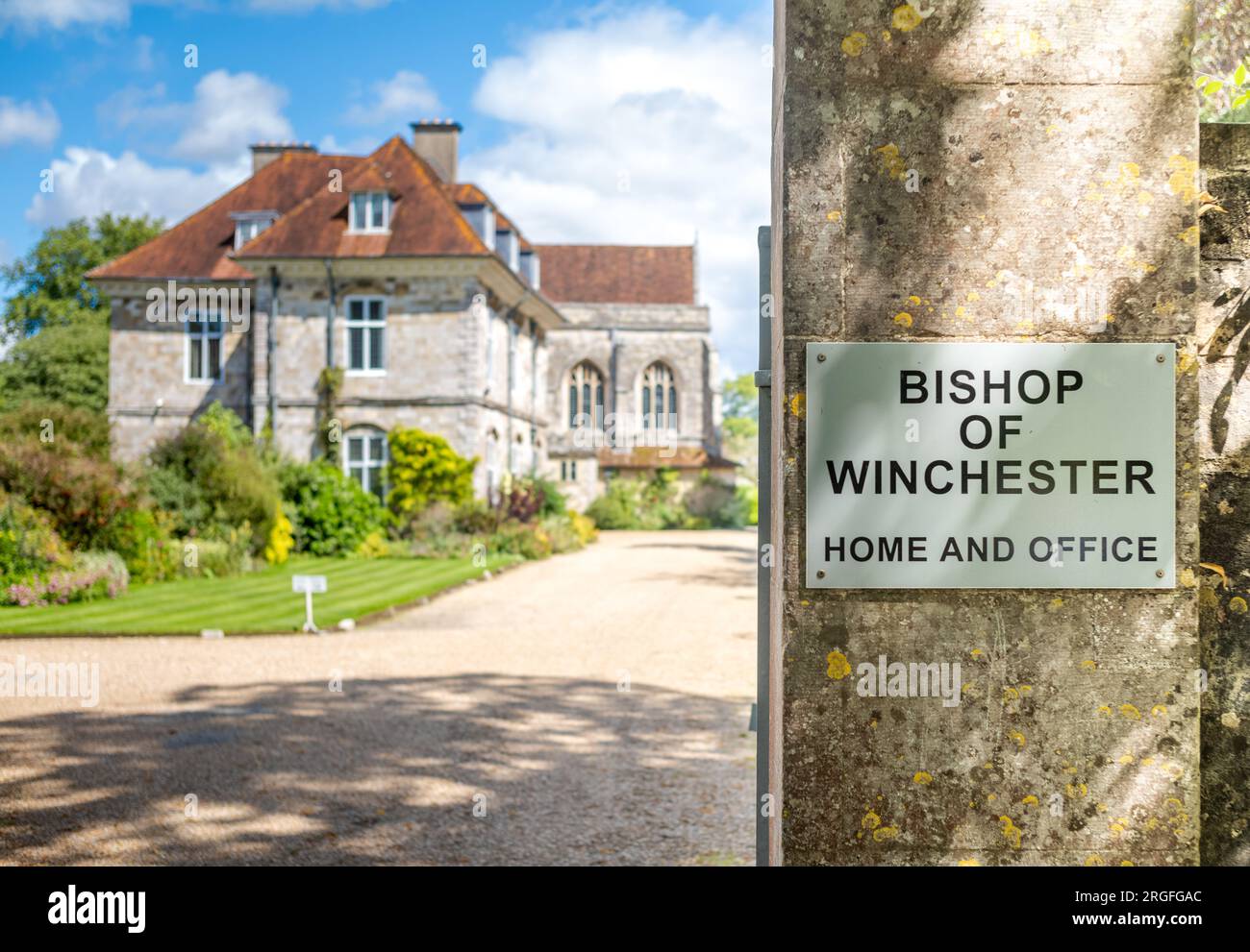 A sign at the the entrance to 'New' Wolvesey Palace, or Bishop's House, the official residence and office of the Bishop of Winchester, in Winchester, Stock Photo