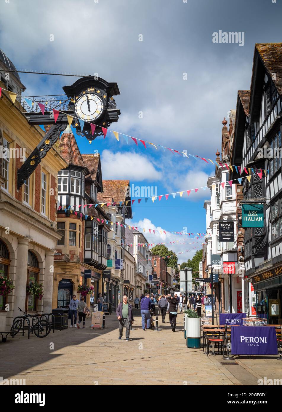 A view looking east up the hill of the High Street in historic