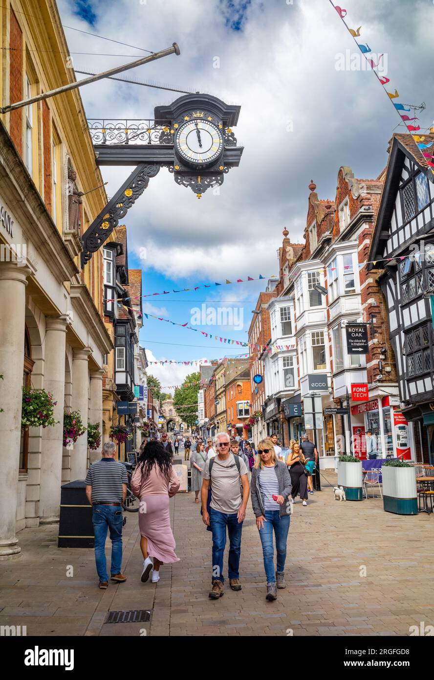A view looking east up the hill of the High Street in historic