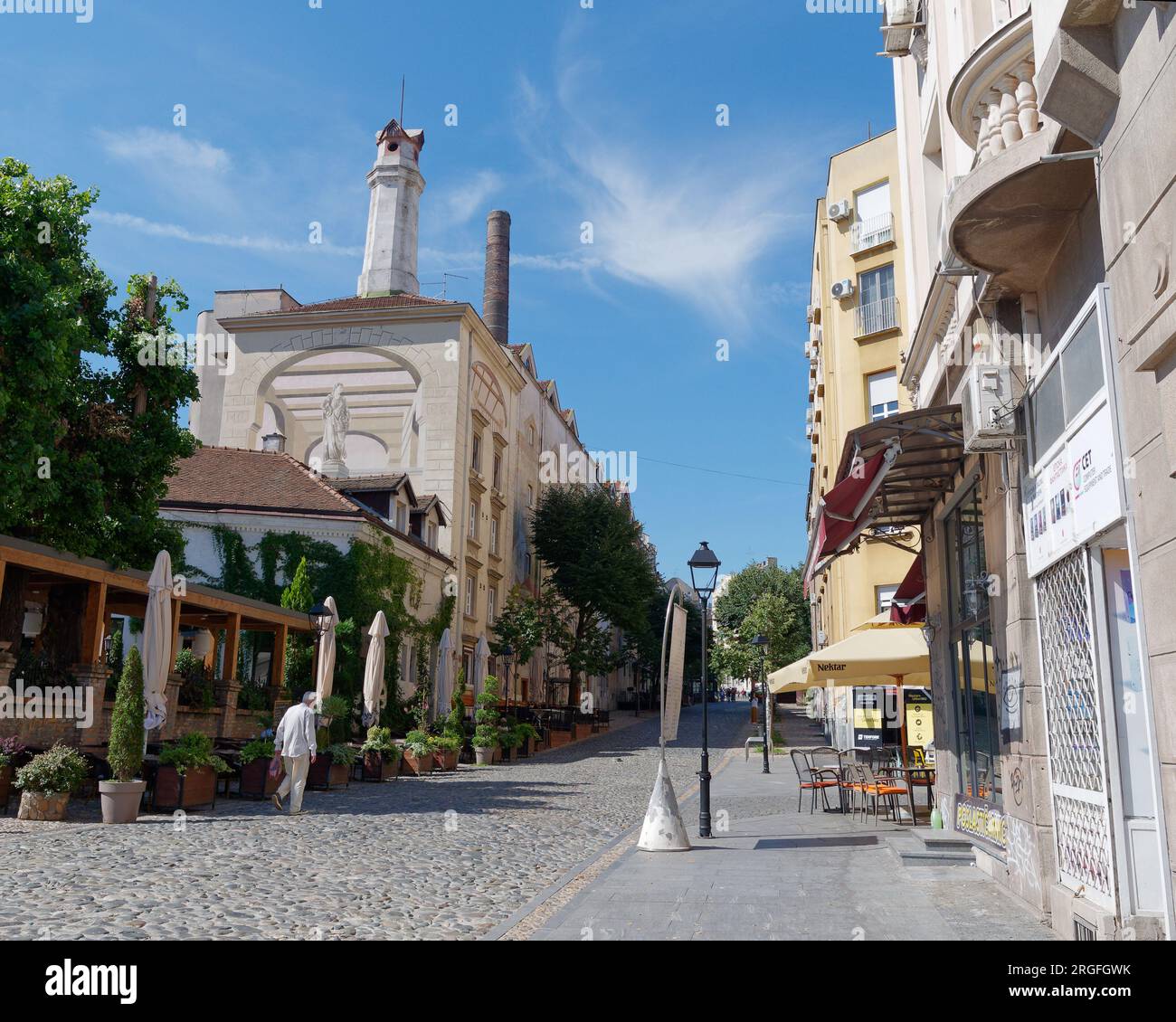 The famous bohemian cobbled Skadarlija street with cafes and restaurants in the city of Belgrade, Serbia. August 9, 2023. Stock Photo