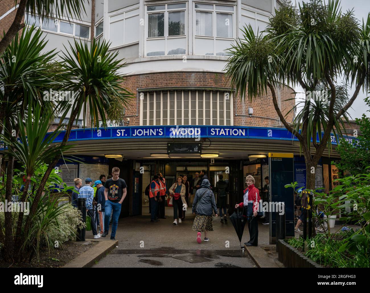 St John's Wood, London, UK: St John's Wood tube station in London. London underground station on the Jubilee Line with people and trees. Stock Photo