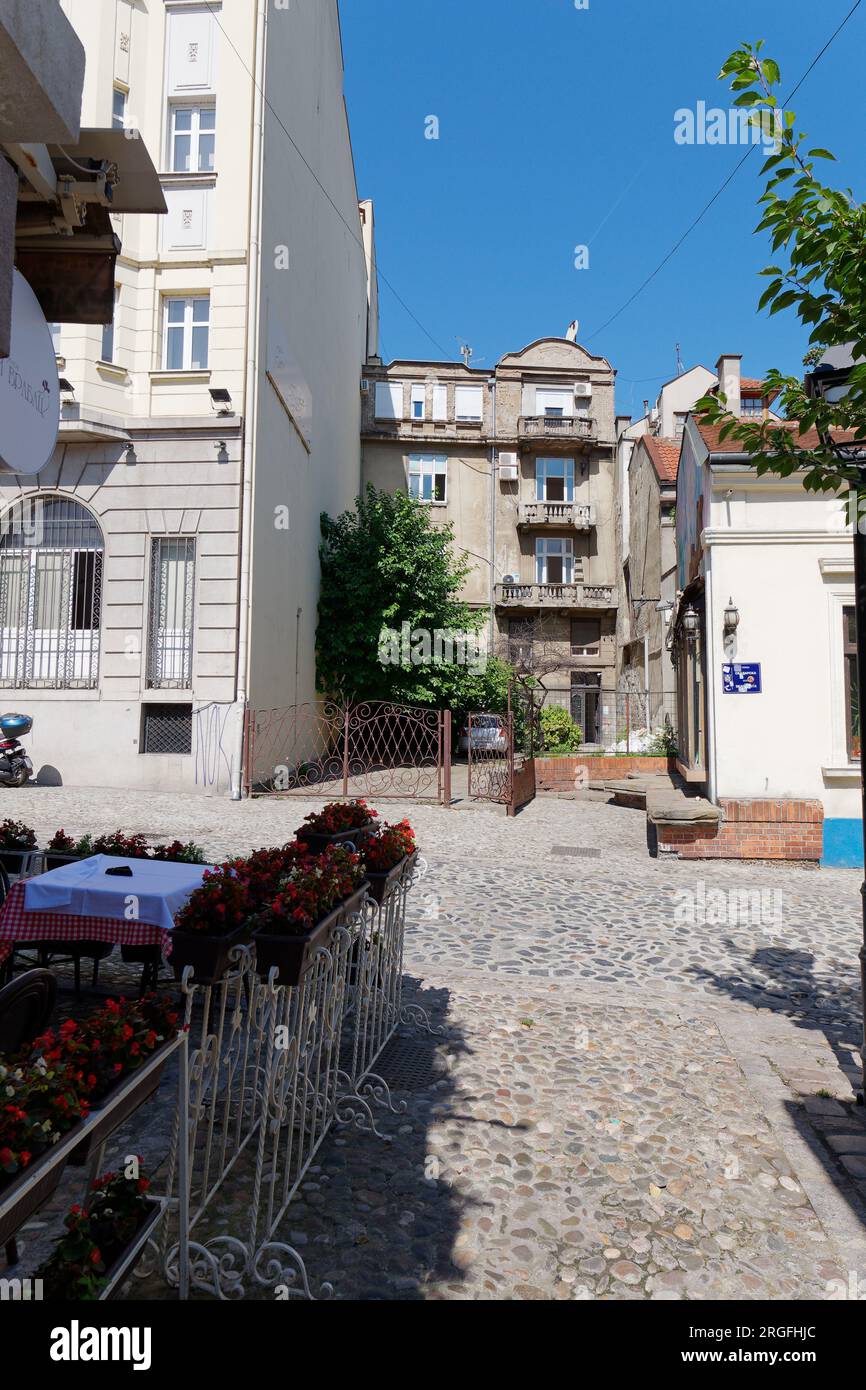 The famous bohemian cobbled Skadarlija street with cafes and restaurants in the city of Belgrade, Serbia. August 9, 2023.. Stock Photo