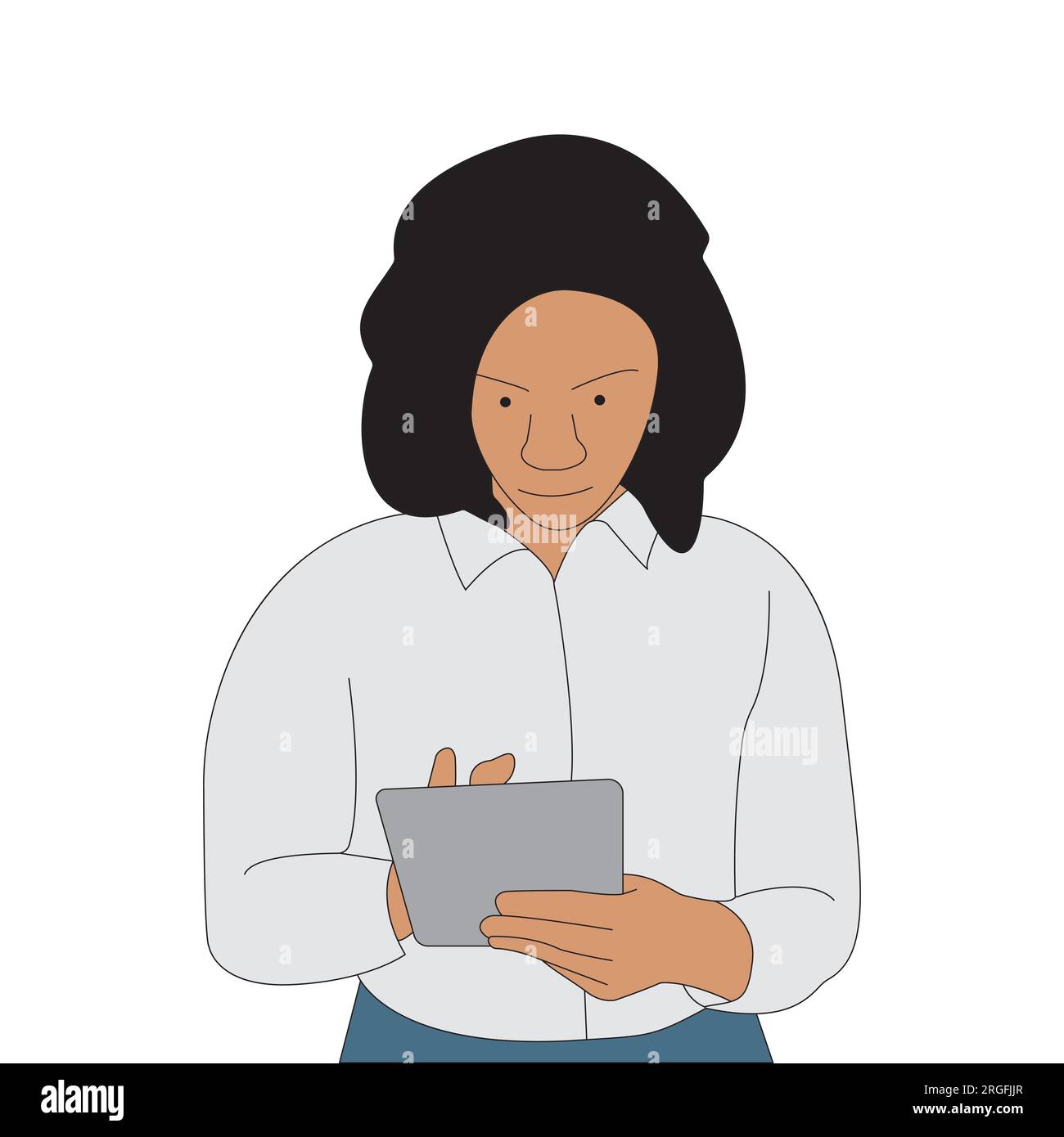 Young user business woman using touchscreen pc tablet standing in