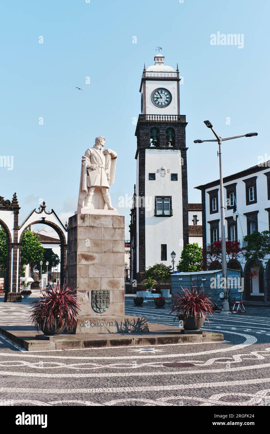 The Main Square of Ponta Delgada. Ancient architecture, bell tower and Statue of Goncalo Velho Cabral. Sao Miguel island Azores, Portugal. Travel dest Stock Photo
