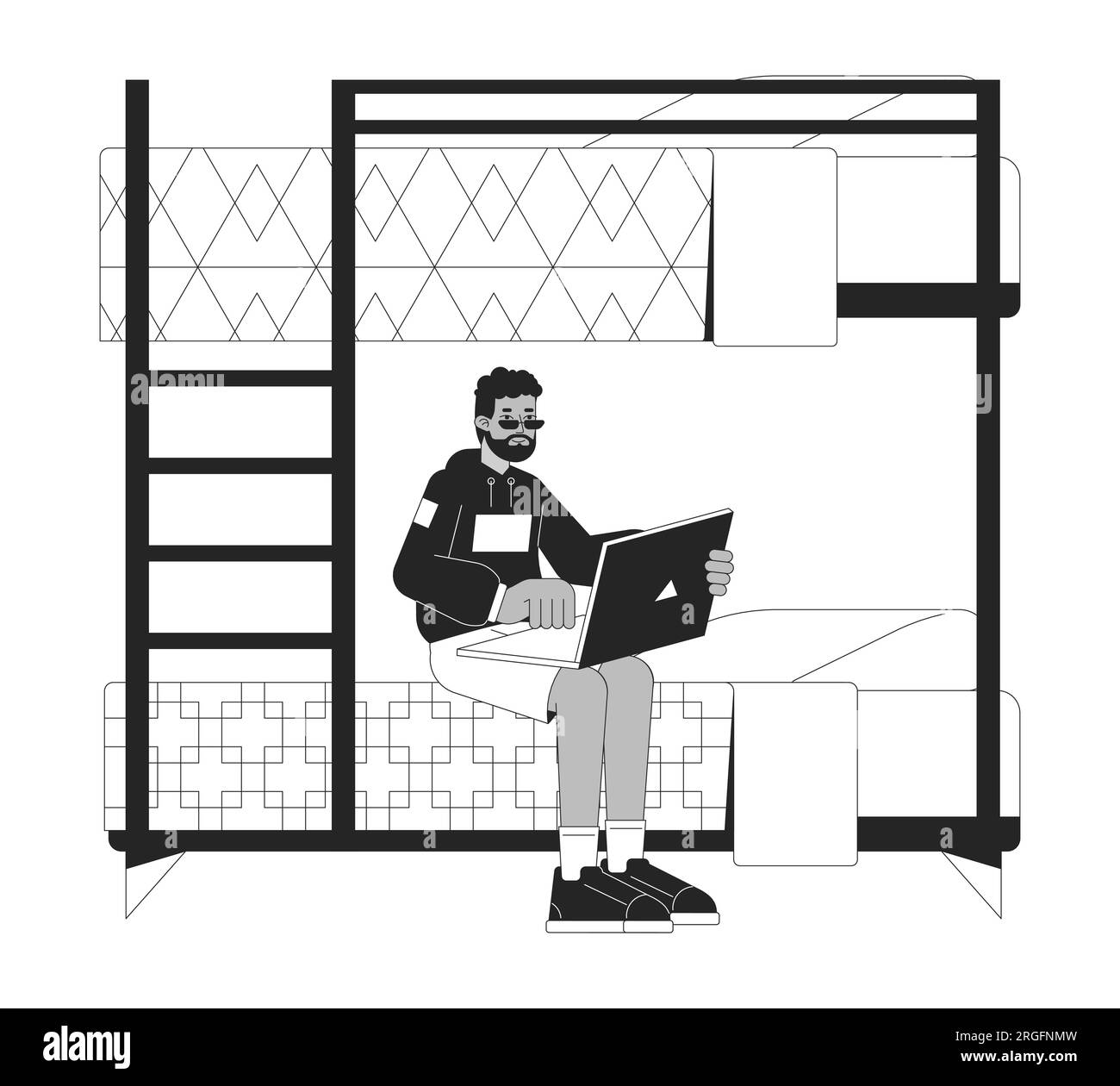 Black student sitting on bunkbed with laptop flat line black white