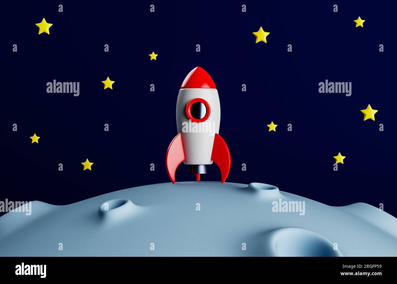 Cartoon style rocket standing on a surface of a planet. 3d rendering of a small spacecraft at its destination Stock Photo