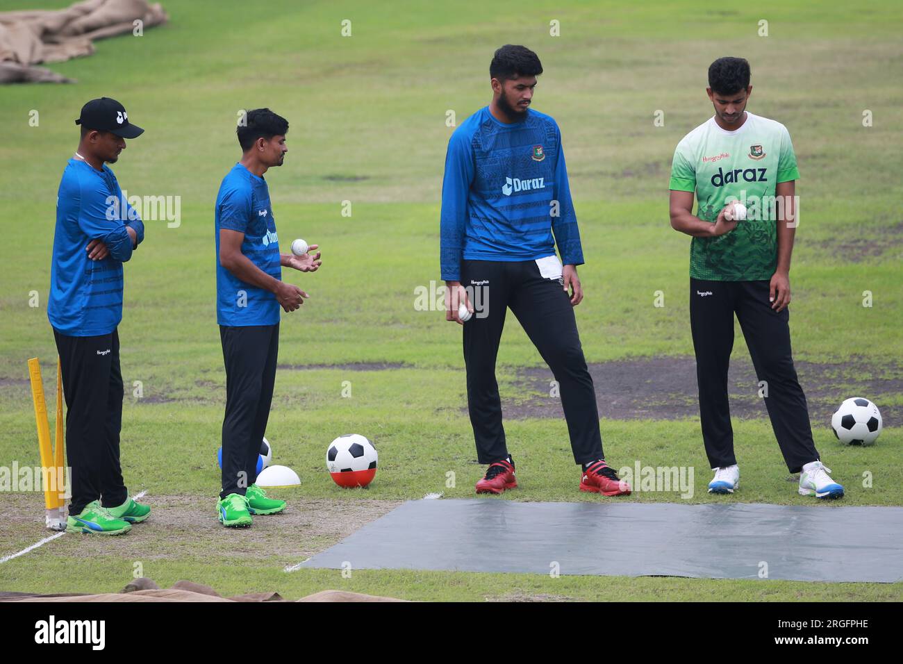 Nasum Ahmed, Taijul Islam, Mohammad Rishad Hossain and Nayeem Hasan during the Bangladeshi national cricketers attend practice session at Sher-e-Bangl Stock Photo