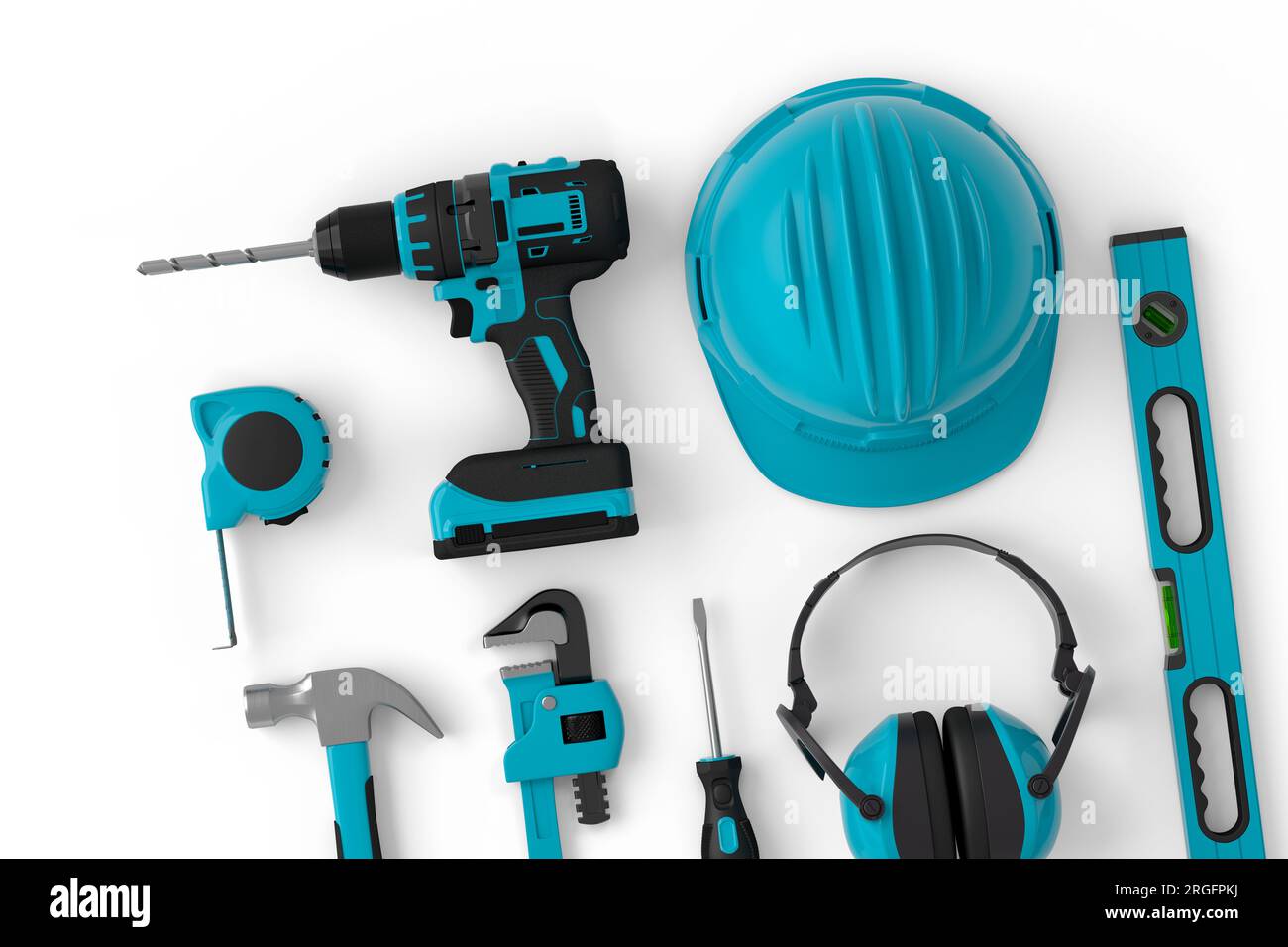 Top view of green construction tools for repair and installation on ...