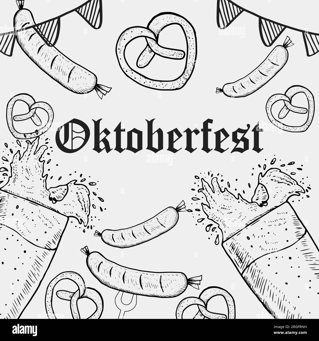 hand drawn oktoberfest with glasses of beer and sausages illustration Stock Vector