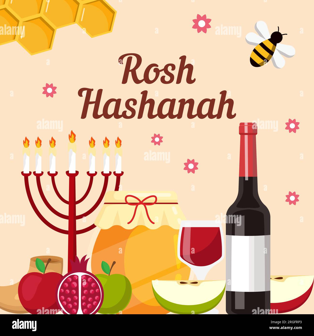 rosh hashanah illustration with wine, apples, pomegranate, honey, and bees Stock Vector