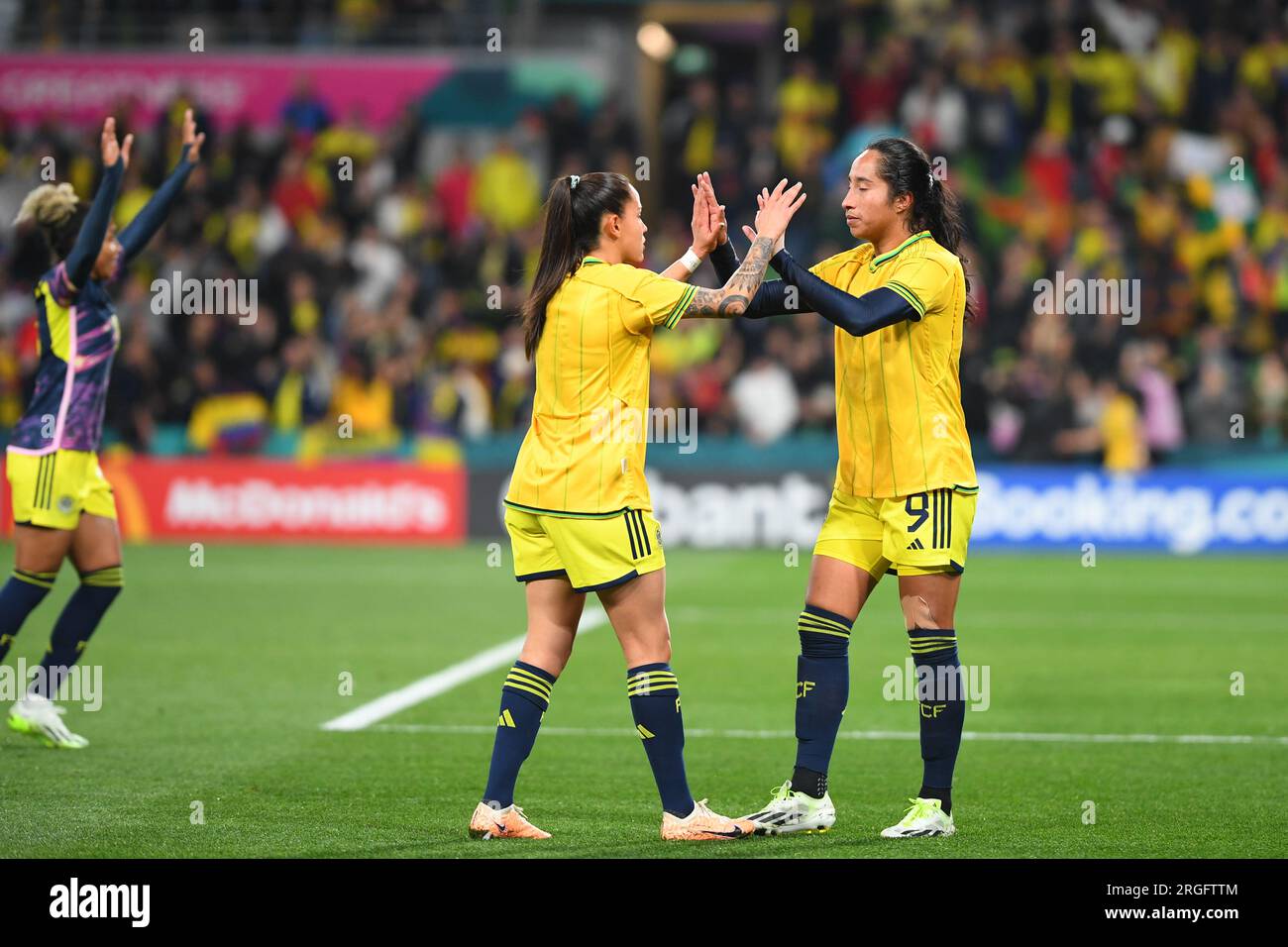 Melbourne, Australia. 08th Aug, 2023. Marcela Restrepo (L) and Mayra Ramírez (R) of Colombia are seen in action during the FIFA Women's World Cup 2023 Round 16 match between Colombia and Jamaica at the Melbourne Rectangular Stadium. Final score Colombia 1:0 Jamaica. Credit: SOPA Images Limited/Alamy Live News Stock Photo