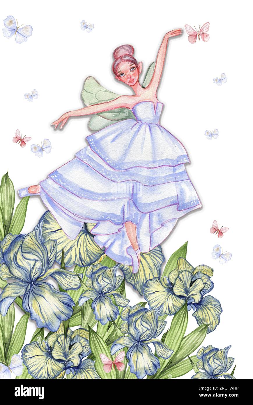 Composition with cartoon fairy with magic wings, flowers and butterflies.  Watercolor hand drawn illustration . Perfect for greeting card, poster,  wedd Stock Photo - Alamy