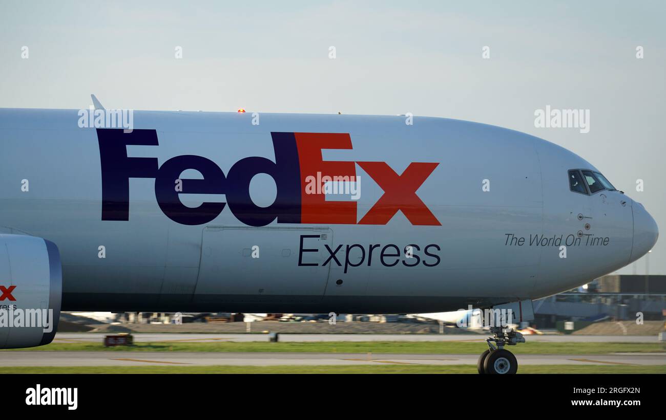 FedEx cargo plane taxies on the runway after landing at Chicago O'Hare