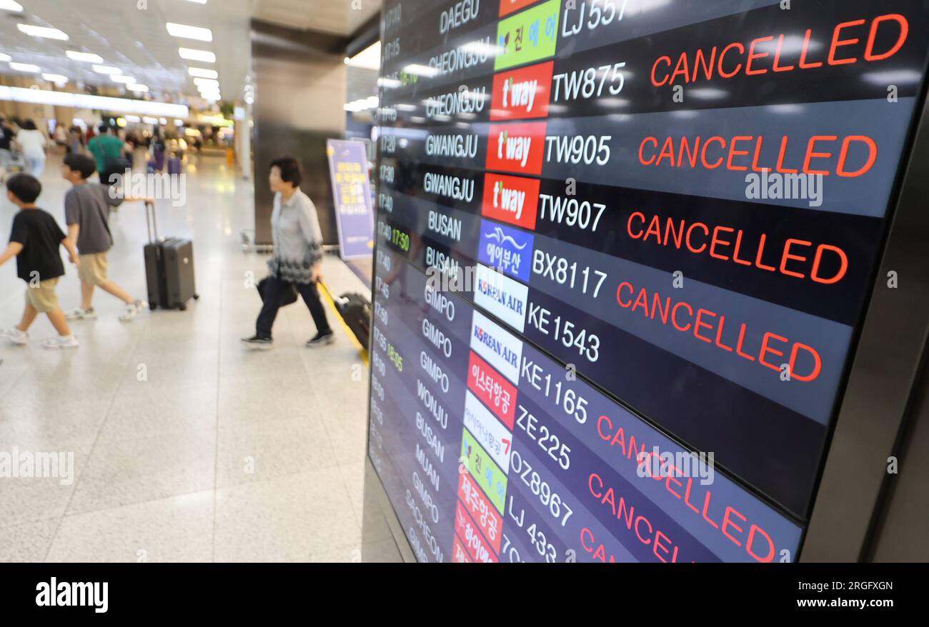 09th Aug, 2023. Flights canceled due to typhoon An arrival board at