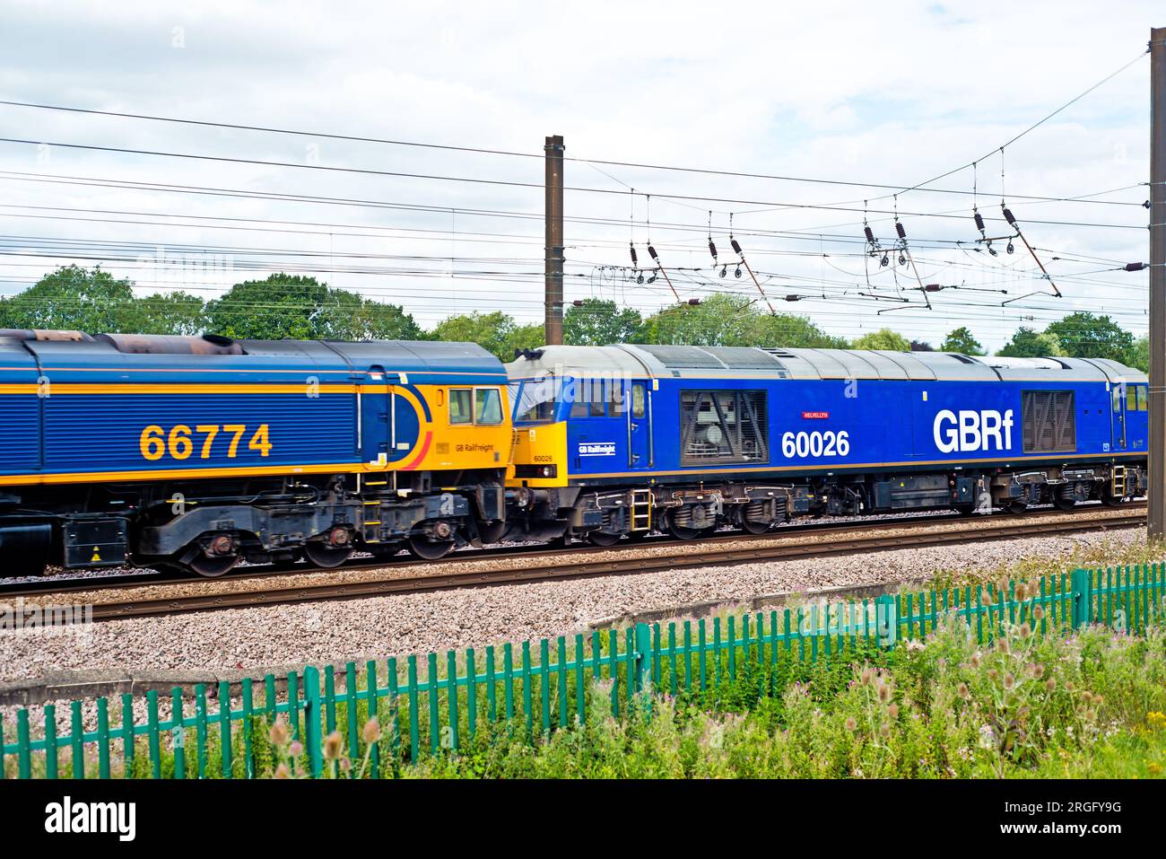 Class 60774 and Class 60026 Helvelyn Locomotives at Askam Bar, York, Yorkshire, England Stock Photo