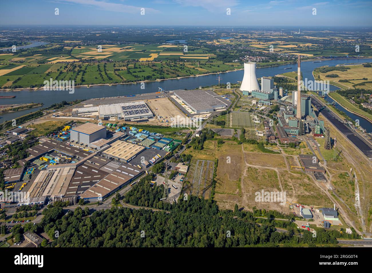 Luftbild, logport VI Baugebiet, STEAG Kraftwerk Walsum am Fluss Rhein, Alt-Walsum, Duisburg, Ruhrgebiet, Nordrhein-Westfalen, Deutschland Stock Photo