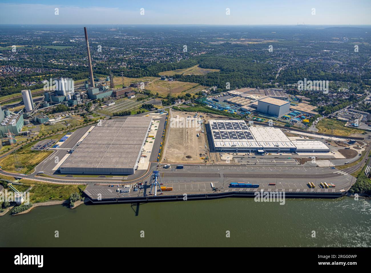 Luftbild, logport VI Baugebiet, Fluss Rhein, Alt-Walsum, Duisburg, Ruhrgebiet, Nordrhein-Westfalen, Deutschland Stock Photo
