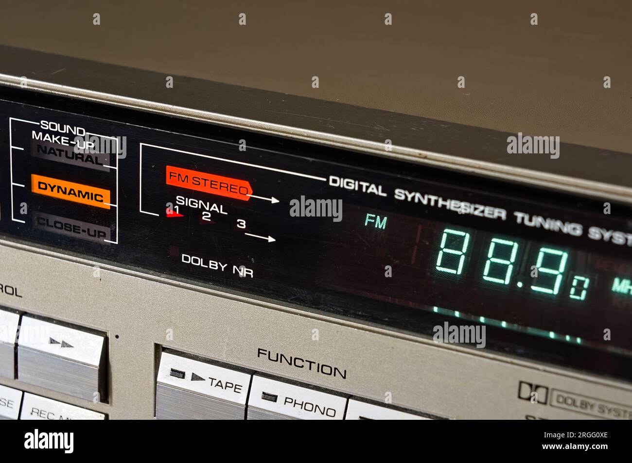 Close-up of a 1980s NEC Stereo cassette receiver V11OE showing the digital readout of the preset tuner Stock Photo