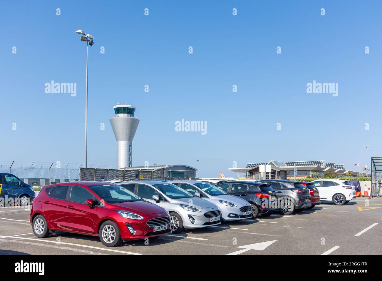 Hire-car car park at Jersey International Airport, St Peter, Jersey, Channel Islands Stock Photo