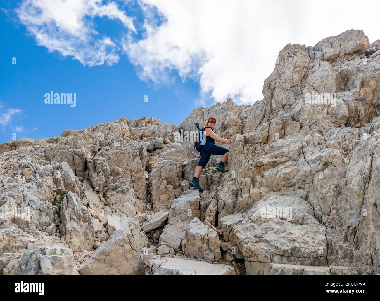 Gran Sasso, Italy - The alpinistic way to Vetta Occidentale of Corno Grande, 2912 meters in Abruzzo region, named Via delle Creste or Cresta Ovest. Stock Photo