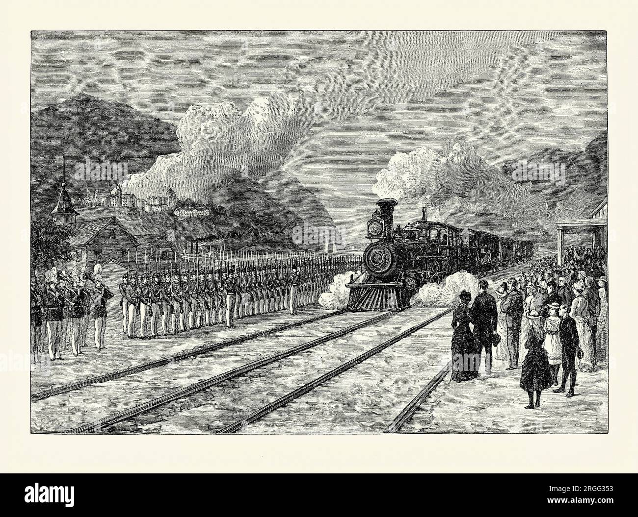 An old engraving, from an American history book of 1895, of the funeral train bearing the body of Ulysses S Grant at West Point, New York, USA on 5 August 1885. The train was travelling from Mount McGregor to New York City. Held on August 8 1885 in New York City, Grant’s funeral procession was the largest public gathering in the country up until that time. Ulysses S Grant (1822–1885) was an American military officer and politician who served as the 18th president of the USA from 1869 to 1877. He led the Union Army to victory in the American Civil War in 1865. Stock Photo