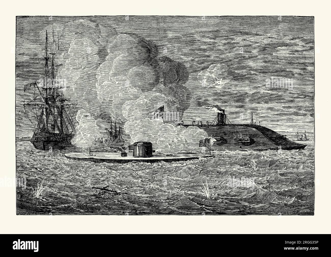 An old engraving of the naval battle between the USS Monitor (centre