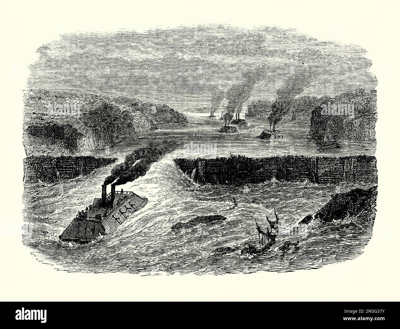 An old engraving of a Union naval vessel passing through Bailey's Dam, a timber dam on the Red River at Alexandria, Louisiana, USA, 1864, during the American Civil War. It is from an American history book of 1895. Built during the Red River Campaign, designed by Lieutenant Colonel Joseph Bailey, it allowed Mississippi River Squadron boats passage downstream over the Alexandria rapids (as shown here). In the 150-foot centre gap of the rock/timber dam four coal barges were anchored into the riverbed. The dam was breached when one barge was towed out of the way allowing to pass downstream. Stock Photo